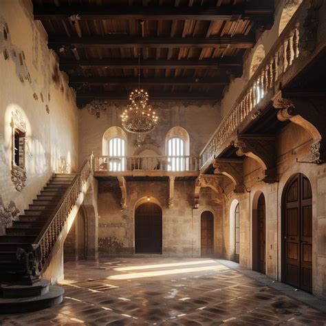 Majestic Historic Spanish Castle Interior Atmosphere with Staircase and ...