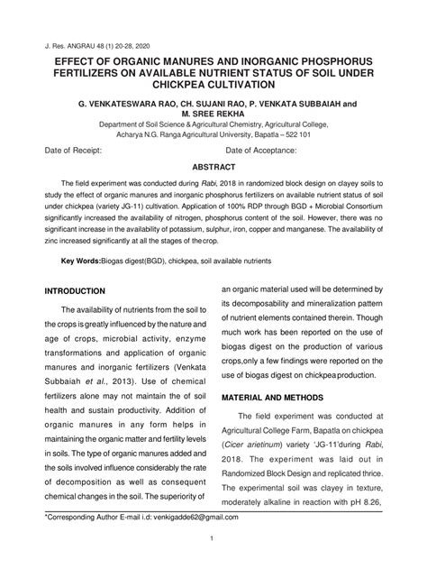 Pdf Effect Of Organic Manures And Inorganic Phosphorus Fertilizers On