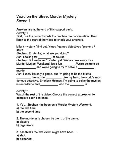 Street Murder Mystery Worksheet Pdf