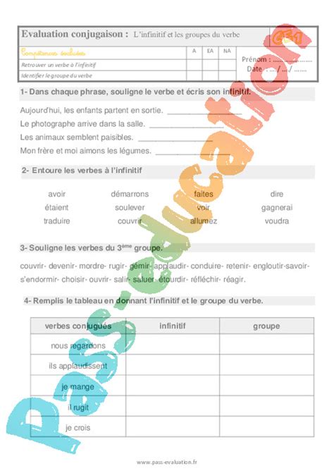 Evaluation Avec Le Corrig Pour Le Ce Linfinitif Et Les Groupes Du