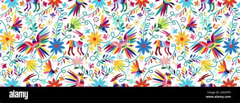 Ornate ethnic Mexican embroidery Otomi. Seamless Pattern with birds
