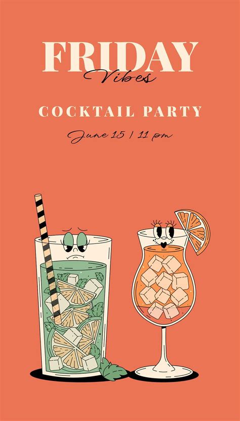 Retro Groovy Party Invitation Funky Cocktail Characters Mojito And Sex On The Beach Vintage
