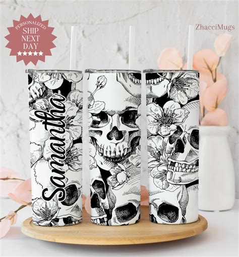 Custom Floral Skulls Tumbler Skeleton Skull Travel Mug Skull Lover