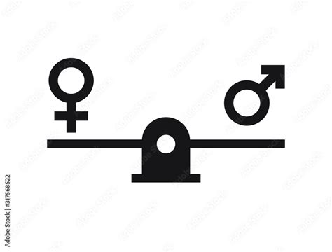 Vector Flat Black Gender Equality Concept Man And Woman Symbols Balancing On Scales Isolated On