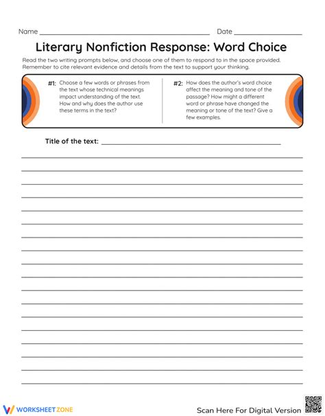 Literary Nonfiction Response Prompt Word Choice Worksheet