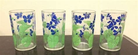 Four Vintage 1941 Kraft Swanky Swig Juice Glasses Flowers Posy Blue Violets Antique Price