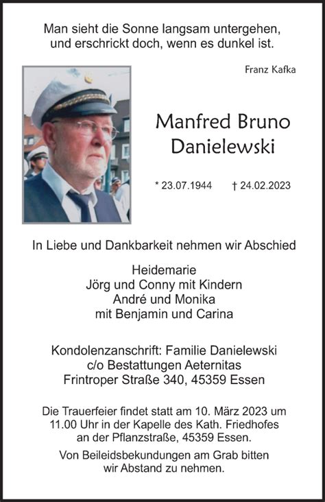 Traueranzeigen Von Manfred Bruno Danielewski Trauer In Nrw De