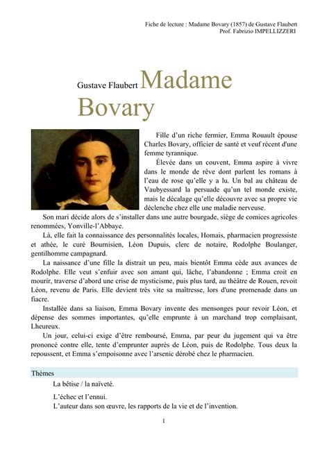 Fiche De Lecture Madame Bovary 1857 De Gustave Flaubert