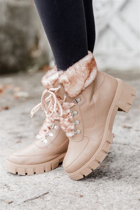 Lizzie Nude Fur Detail Combat Boot