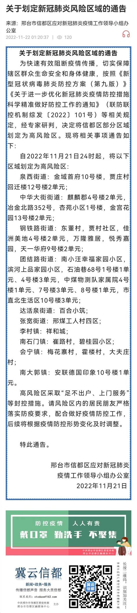 邢台123：信都区：11月21日24时起，将以下区域划定为高风险区