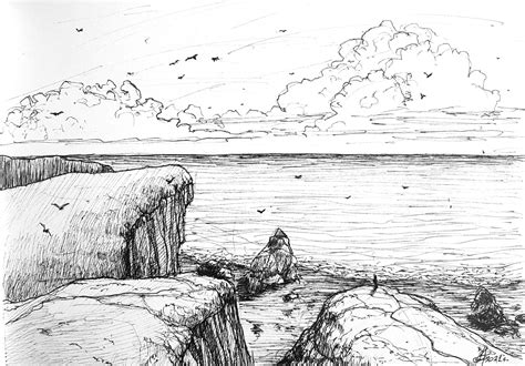 Artstation Fast Sketch Of A Seaside 1 Hand Drawing Fineliner