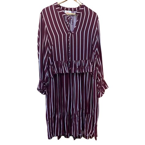 Obus Maroon White Striped Long Sleeve Dress Size 2 S