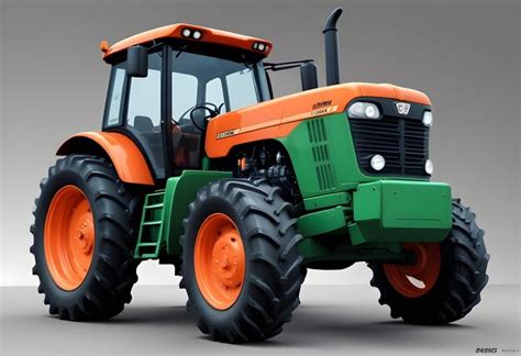 A Green Tractor With Orange On The Front And The Word The Word On The