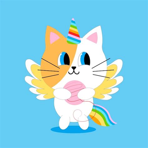 Lindo Gato De Dibujos Animados Unicornio Con Una Pelota Vector Premium