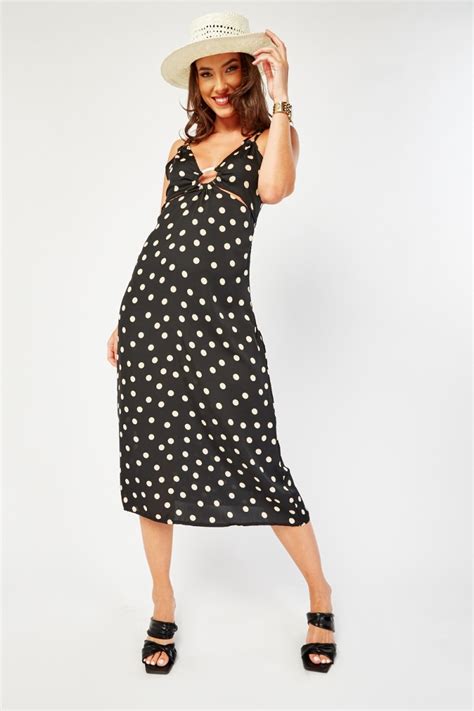 Cut Out Polka Dot Bodycon Dress Black Cream Just