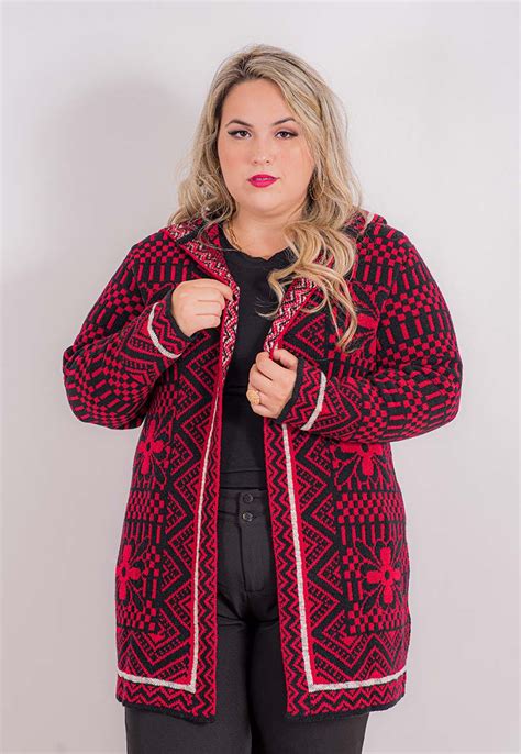 Casaco Feminino Tricot Plus Size Estampado Capuz