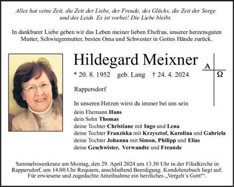 Traueranzeigen Von Hildegard Meixner Mittelbayerische Trauer