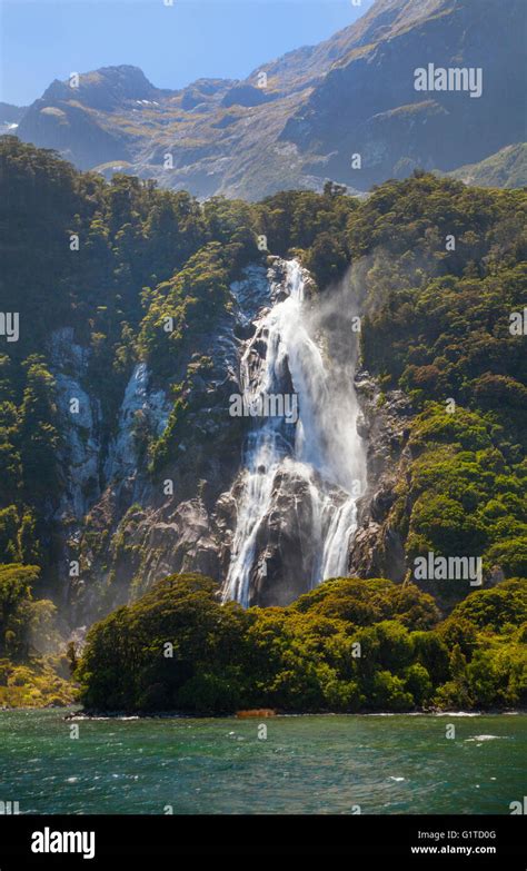 fiordland  zealand waterfall stock  fiordland  zealand
