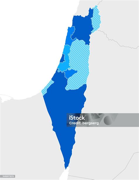 레바논 요르단 시리아 이집트 및 사우디 아라비아의 지역 및 국경이 있는 매우 상세한 이스라엘 블루 지도 0명에 대한 스톡 벡터