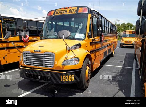 row of empty thomas built buses type c thomas saf-t-liner c2 yellow ...