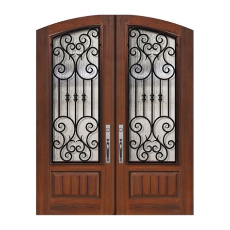 Exterior Stainable Fiberglass Iron Accents Double Door Arch Top Double Marbella Wrought Iron