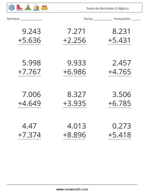 12 suma de decimales 3 dígitos Hojas de trabajo de matemáticas