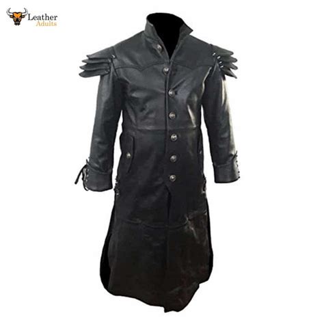 Mens Real Black Leather Goth Matrix Trench Coat Steampunk Gothic T24 Leather Adults