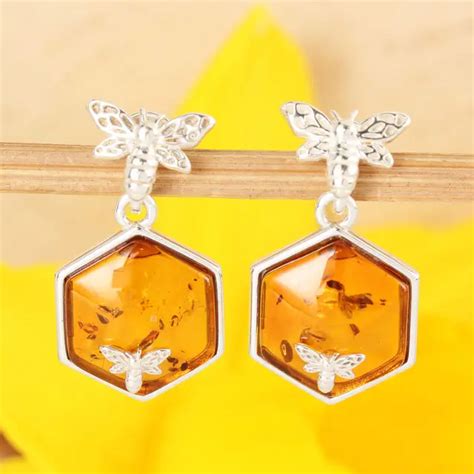 Honeycomb Sterling Silver Bee Earrings Set With Honey Baltic Amber