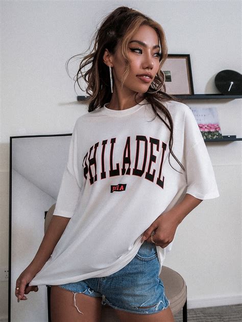 Drop Shoulder Letter Graphic Longline Tee Shein Uk