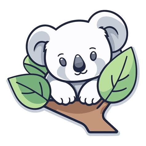 El Lindo Koala De Dibujos Animados En Una Rama Con Hojas Vector Premium