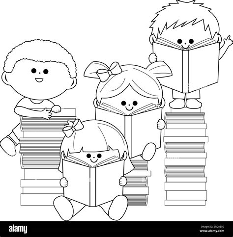 Children reading books. Vector black and white coloring page Stock ...