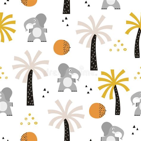 Seamless Safari Pattern With Cute Elephant And Palm Trees Stock Vector