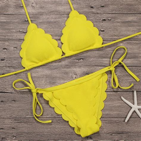 2018 Design Yellow Bikini Scalloped Hem Bandeau Bikini Set Beach Wear