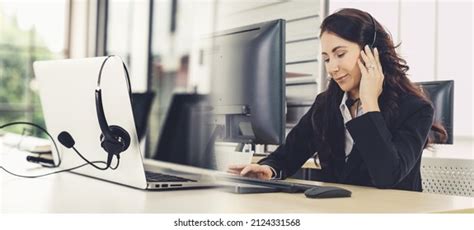 business people wearing headset working office stock photo