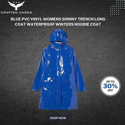 Handmade Women Blue PVC Vinyl Shinny Trench Long Coat Waterproof Hooded