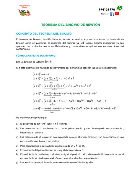 38 Teorema Del Binomio De Newton Concepto Del Teorema Del Binomio El