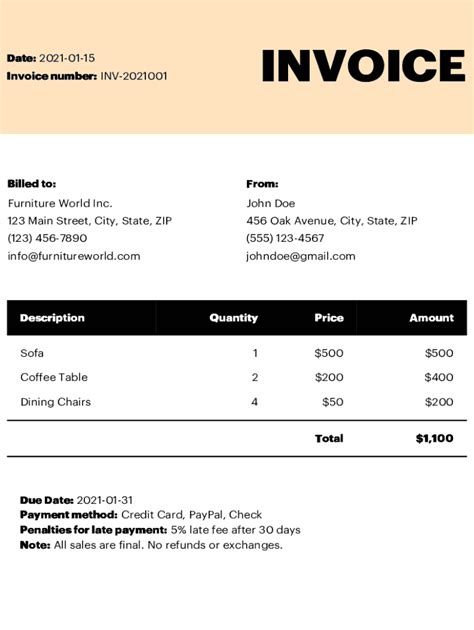 Fillable Online Furniture Invoice Template Fax Email Print Pdffiller