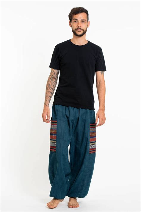 Mens Drawstring Pinstripes Cotton Pants With Aztec Pocket In Turquois