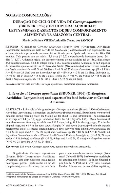 (PDF) Life cycle of Cornops aquaticum (Bruner, 1906) (Orthoptera ...