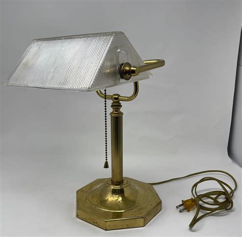 Vintage Bankers Lamp With Ribbed Glass And Brass Plate Etsy