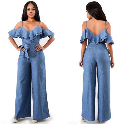 Denim Sexy Spaghetti Strap Jumpsuit S Xl Size Women Fashion Ruffles