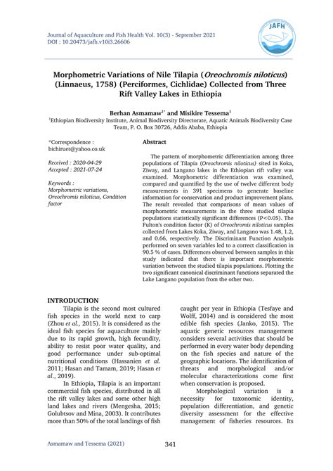(PDF) Morphometric Variations of Nile Tilapia (Oreochromis niloticus ...