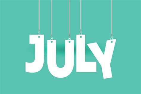 JULY Word Hanging On The Ropes On Colorful Background Vector 3d