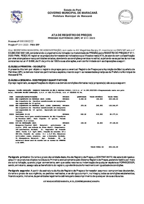 ATA DE REGISTRO DE PREÇOS Prefeitura Municipal de Maracanã Gestão