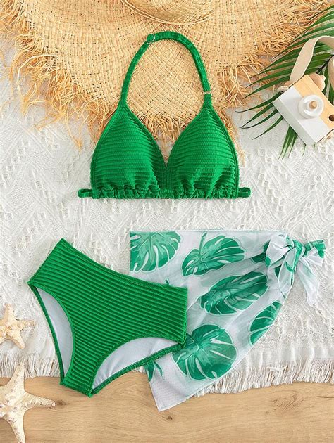 Tween Mädchen Tropischer Print Neckholder Dreieck Bikini Set mit Strandrock für den Sommerstrand