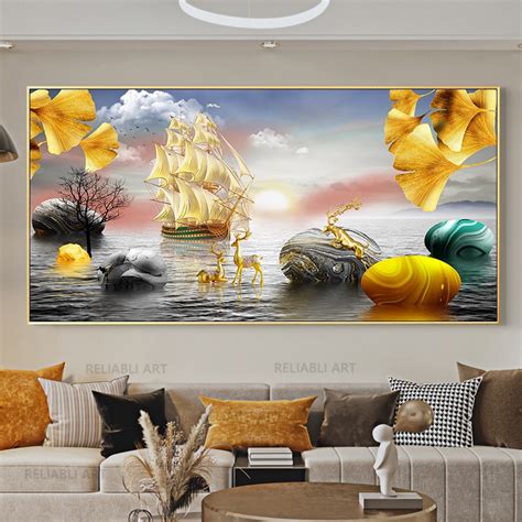 Chinese Feng Shui Golden Rich Tree Canvas Painting Wall Art Deer ...