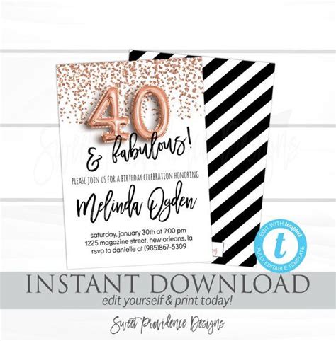 40th Birthday Invitation Forty And Fabulous Editable 40th Surprise