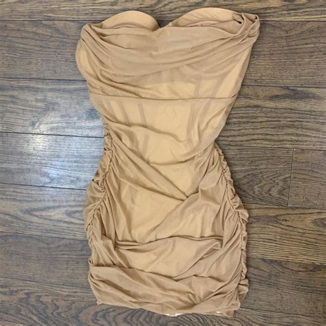Oh Polly Nude Strapless Mesh Ruched Bandeau Bodycon Depop