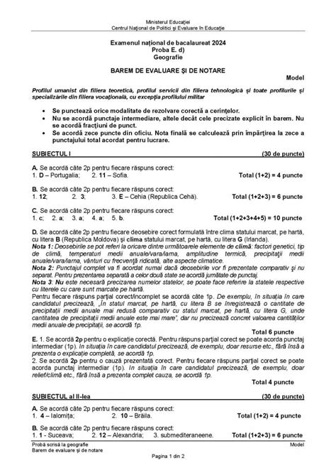 Bacalaureat 2024 Modele De Subiecte și Bareme Geografie