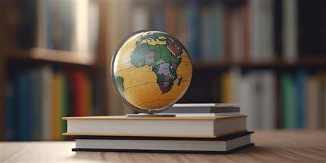 Libros y globo en la biblioteca detrás de la mesa borrosa día mundial